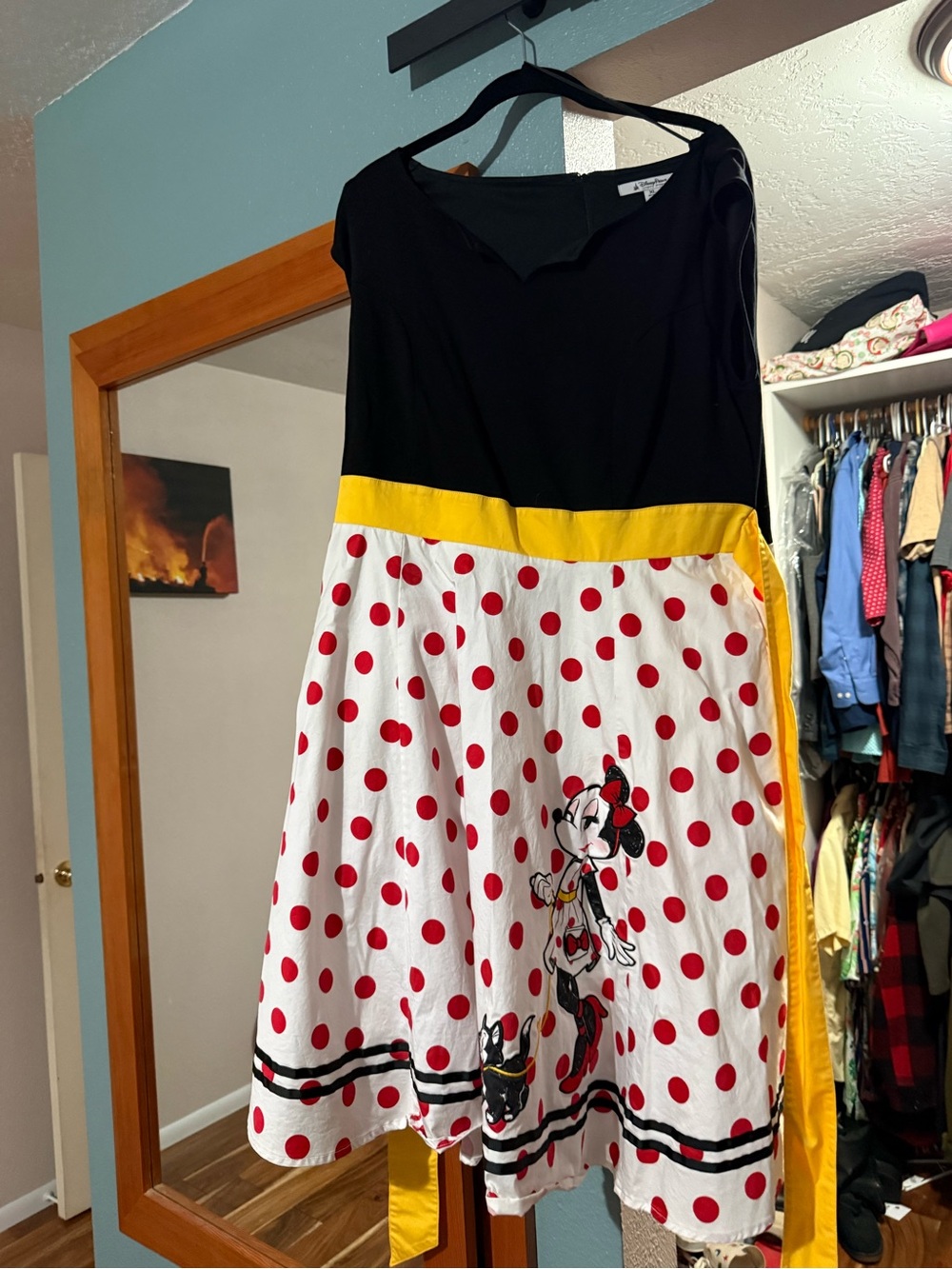 Womens Black and White Polka Dot Minnie Mouse Dress with Yellow Sash